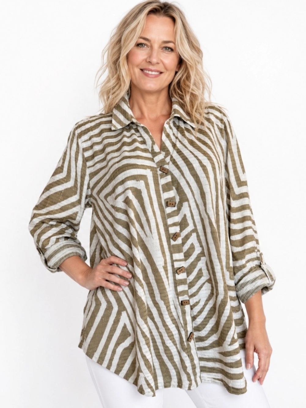 Multiples Zebra Print Textured Button Front Blouse L NWOT